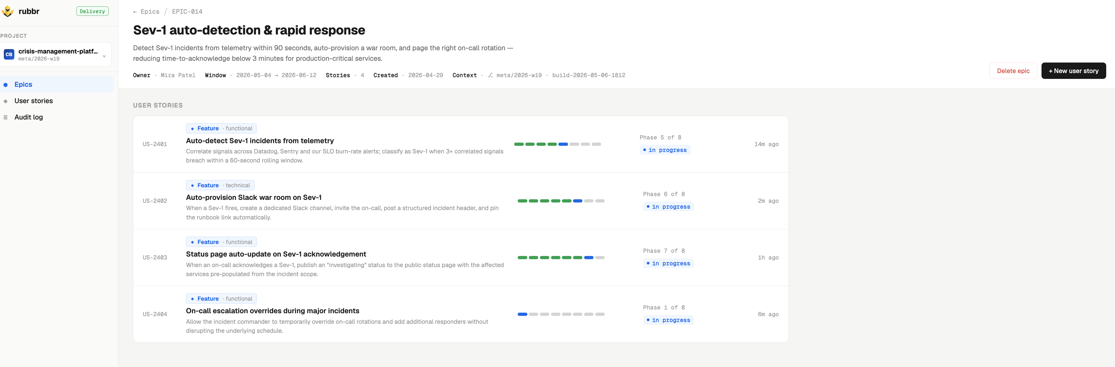 Rubbr execution view: a software change moving through governed delivery phases