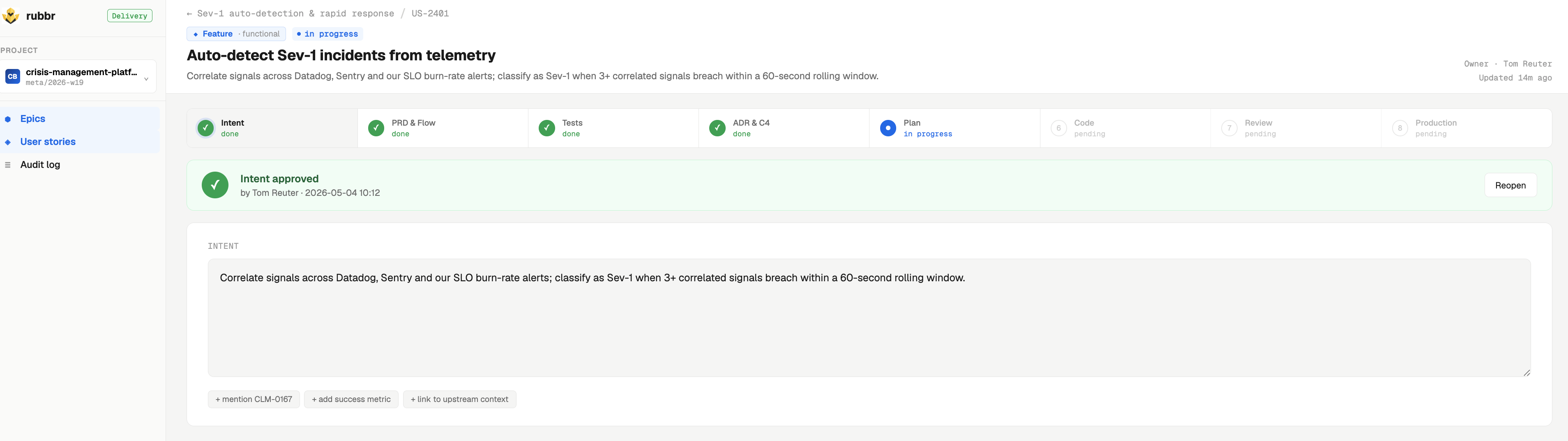 Rubbr specification view for a governed user story