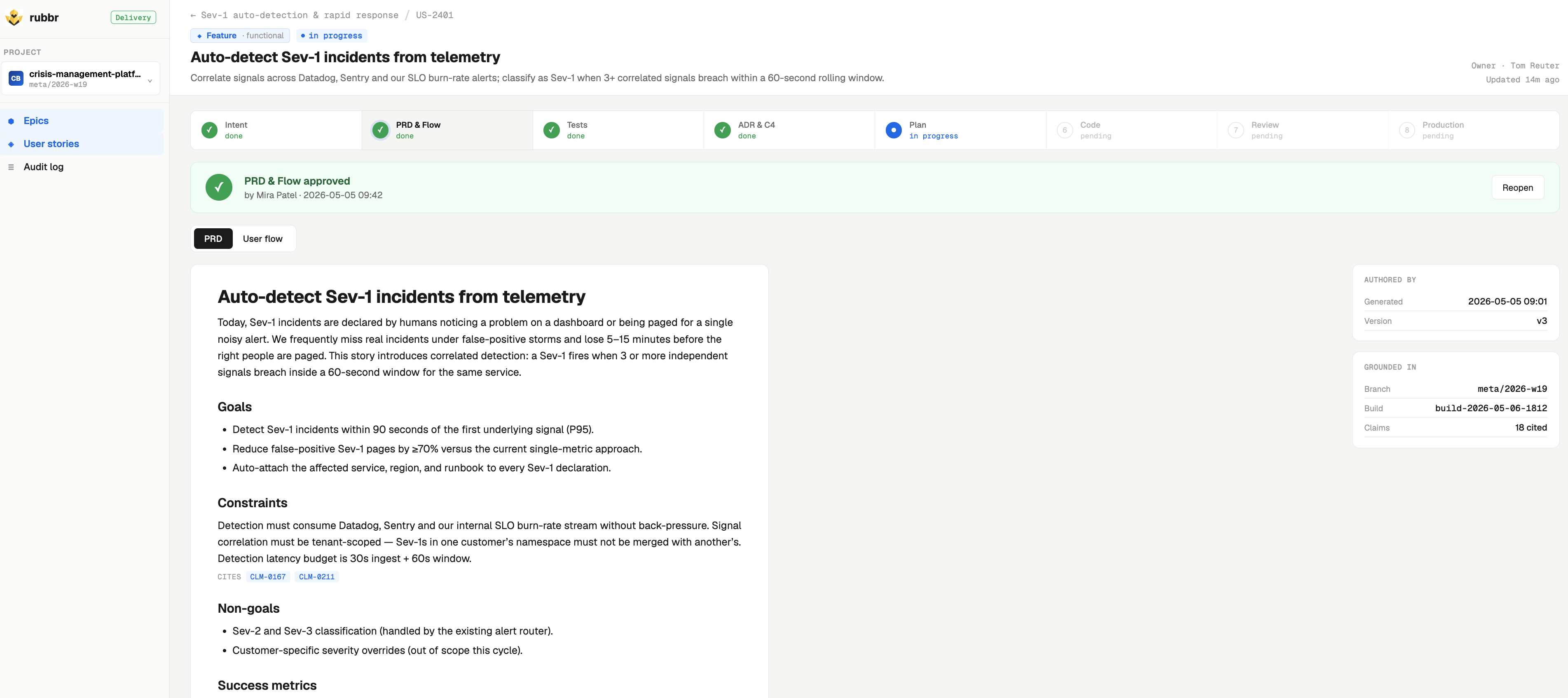 Rubbr artifact view with a generated PRD for review