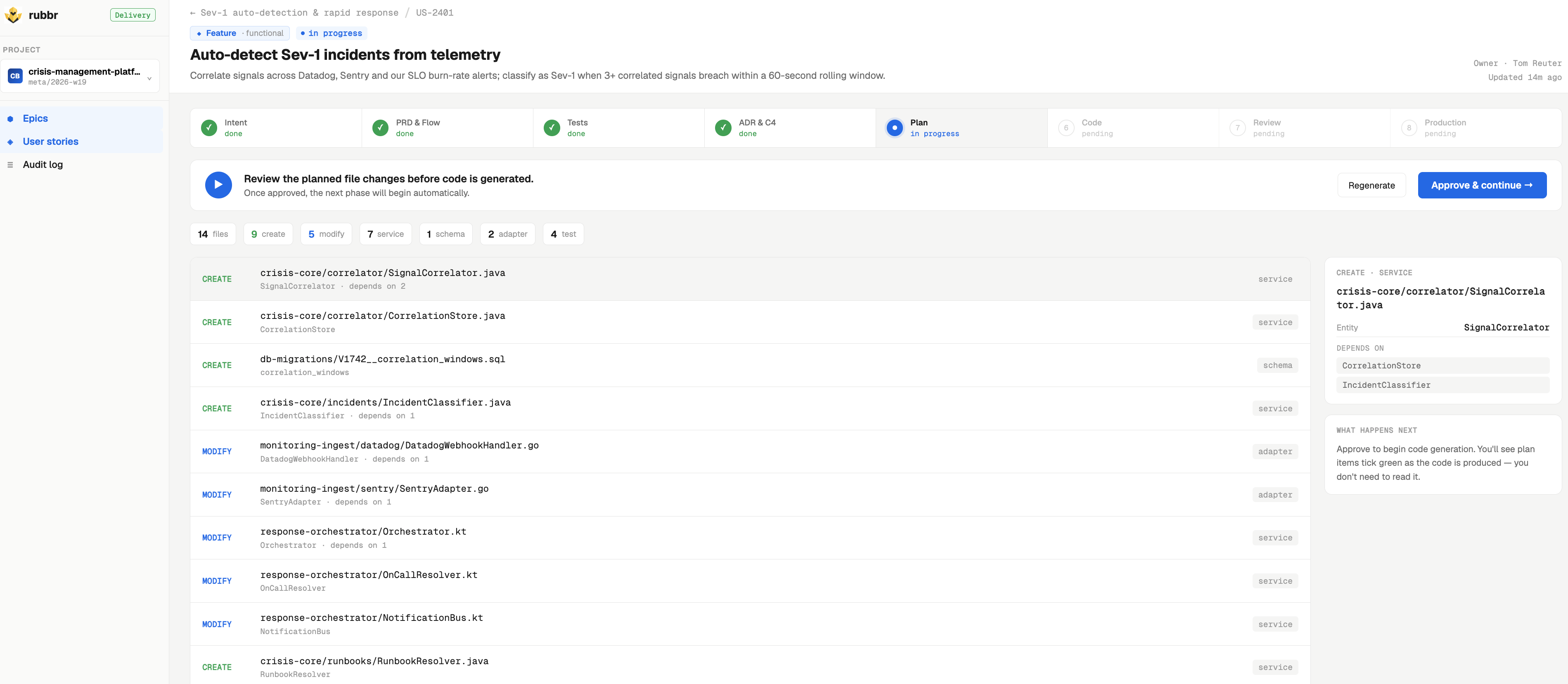 Rubbr orchestrator view showing a planned implementation before code generation