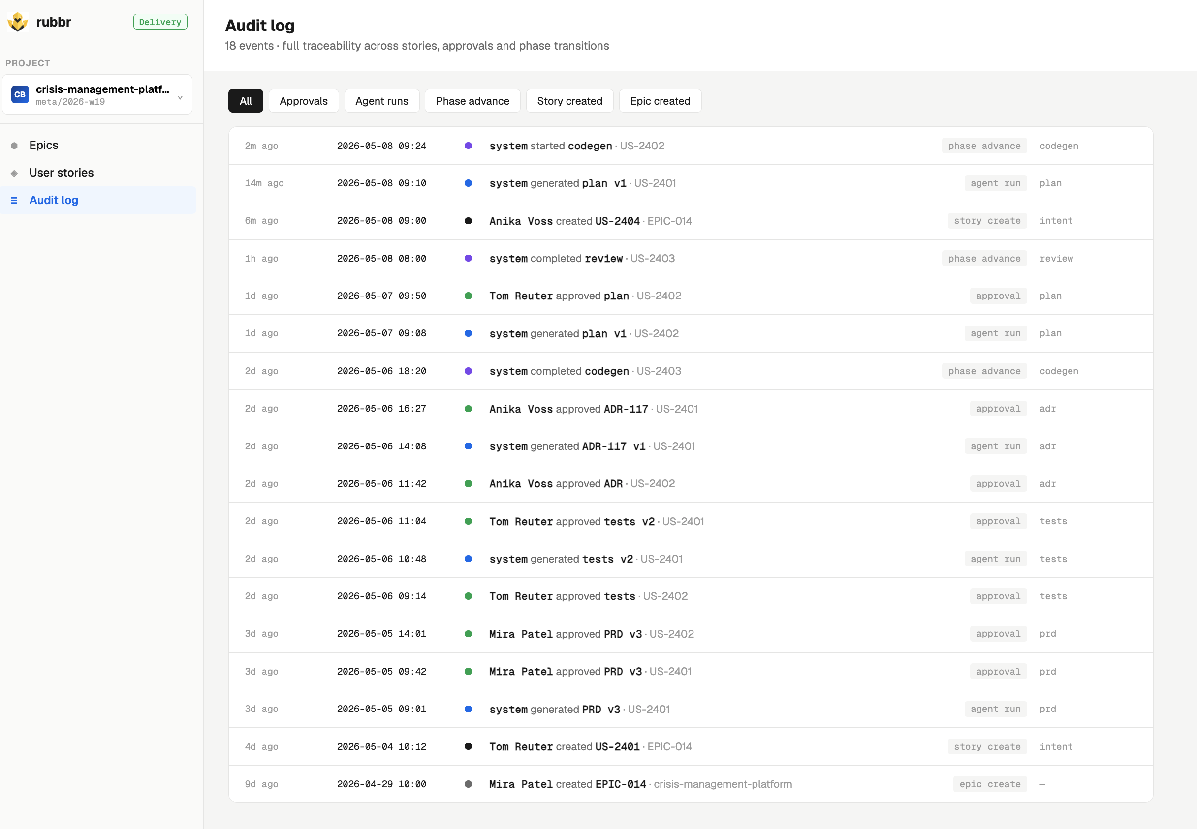 Rubbr audit log showing approvals, agent runs and phase transitions for the same governed change