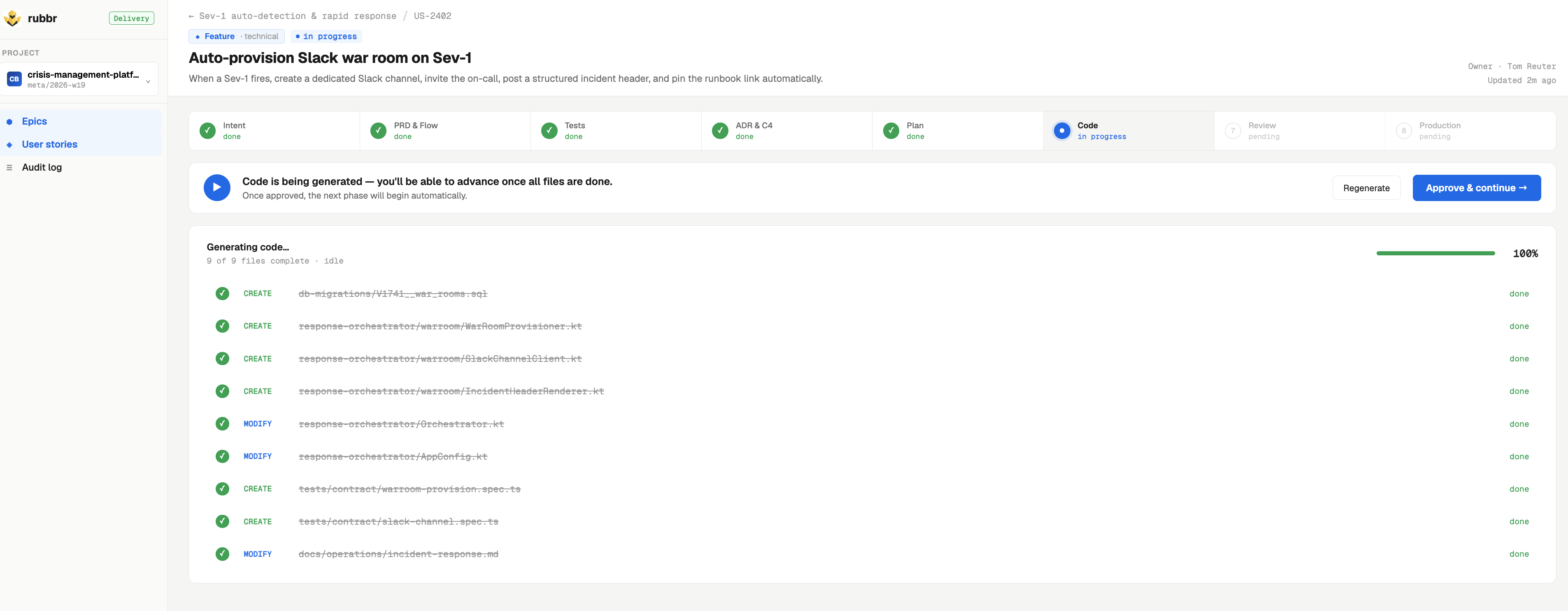 Rubbr code generation view showing governed implementation progress and approval controls